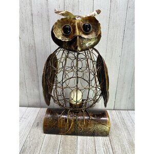Vtg Style Metal Owl Candle Holder Brown with Black Eyes Caged Candle 13" Tall